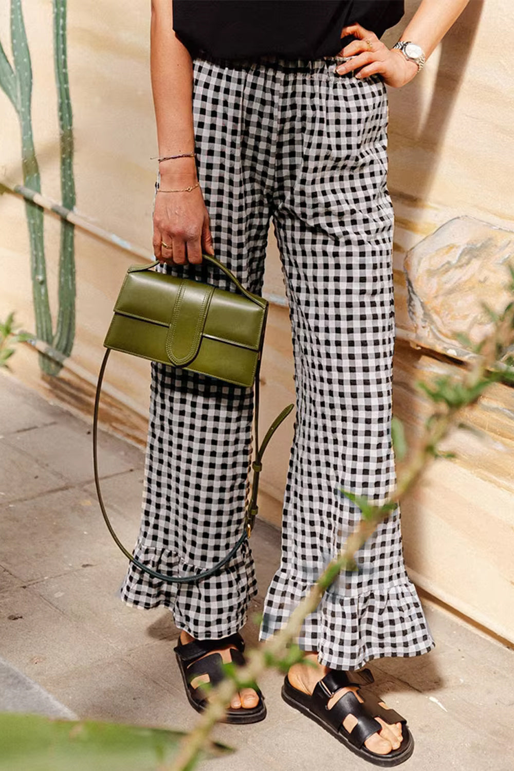 Loose Gingham Plaid Ruffled Length Pants