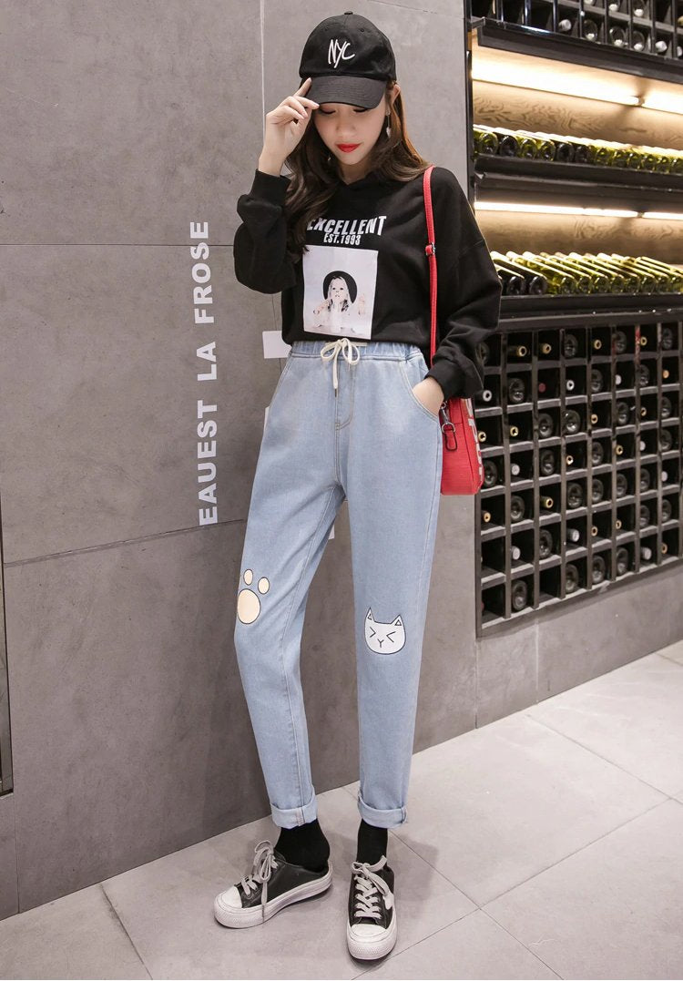 High Waist Kawaii Cat Foot Printed Jeans