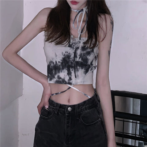 Sexy, schmale String-Crop-Tops mit Batikmuster 