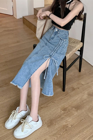 High Waist Rutched Split Long Denim Skirts