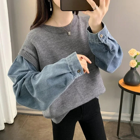 Long Sleeved Denim Casual Sweatshirt