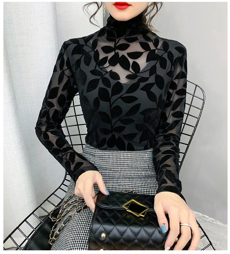 High Neck Leaf Pattern Velvet Mesh Shirt