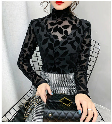 High Neck Leaf Pattern Velvet Mesh Shirt