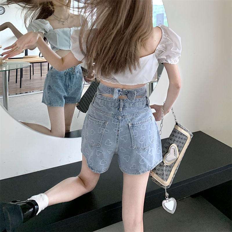 Cute Back Bow Heart Embroidered Shorts Jeans