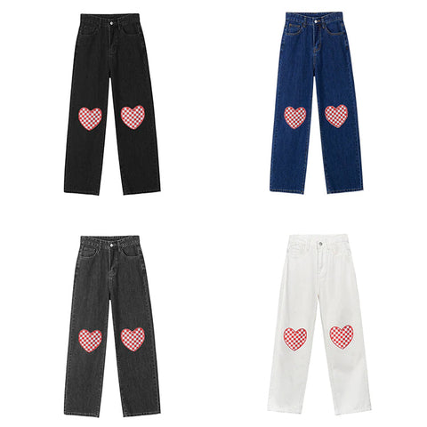High Waist Heart Checkered Shape Loose Long Jeans Pants