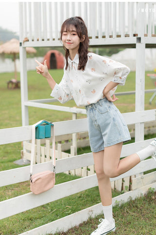 Cat Cartoon Printed Half Sleeve Length Loose Shirt