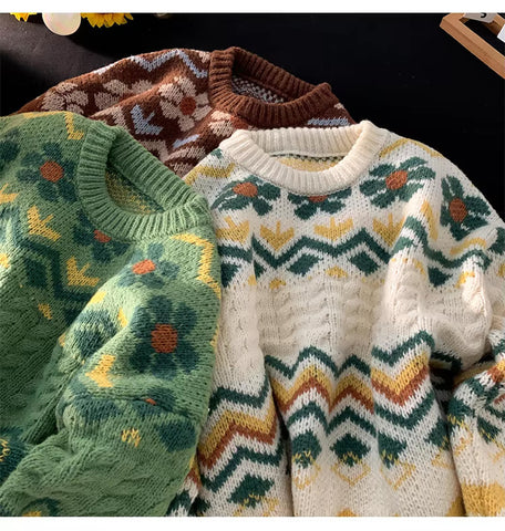 Long Sleeve O-Neck Retro Pattern Knitted Sweater