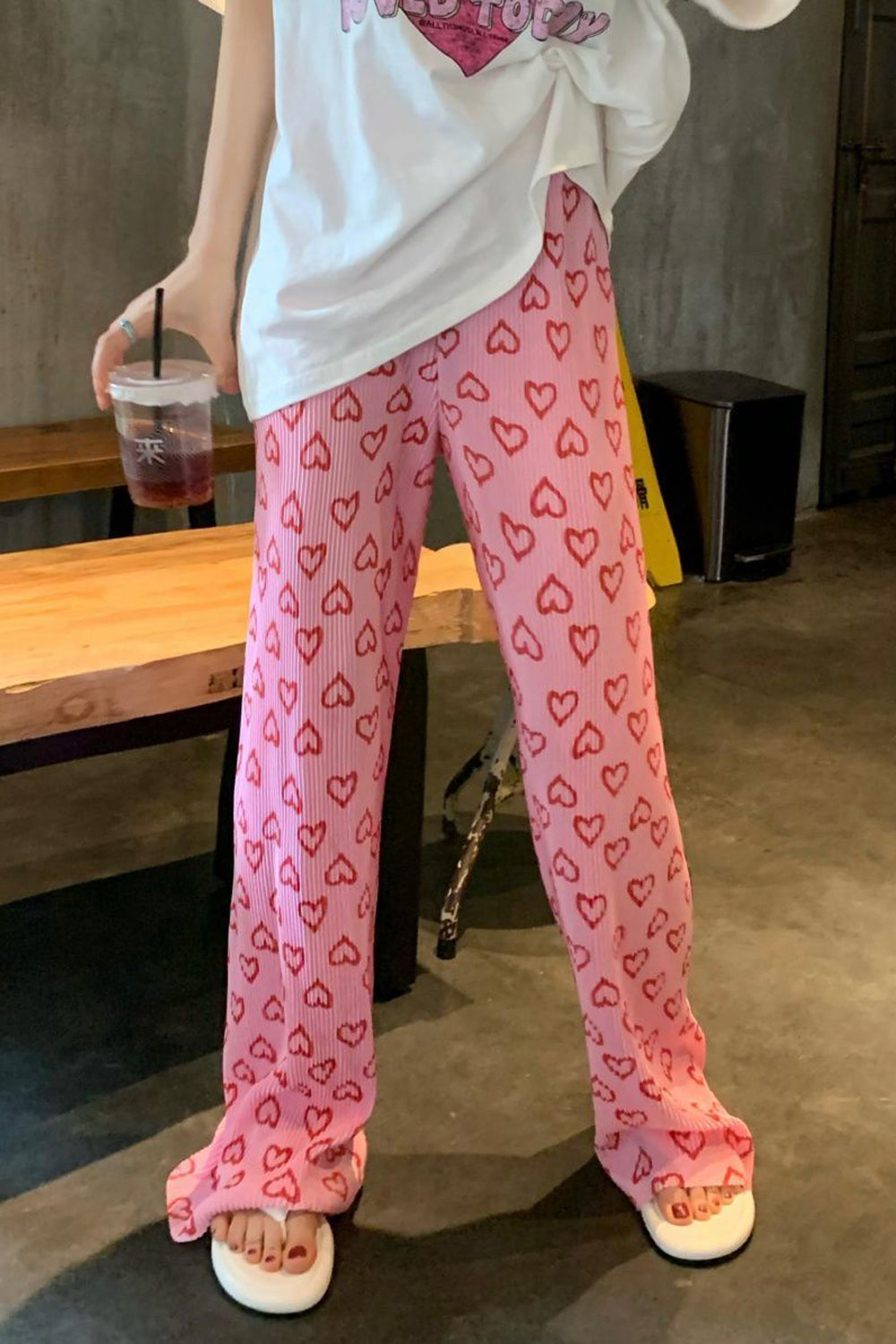 Cute Heart Pattern Casual Pink Pants