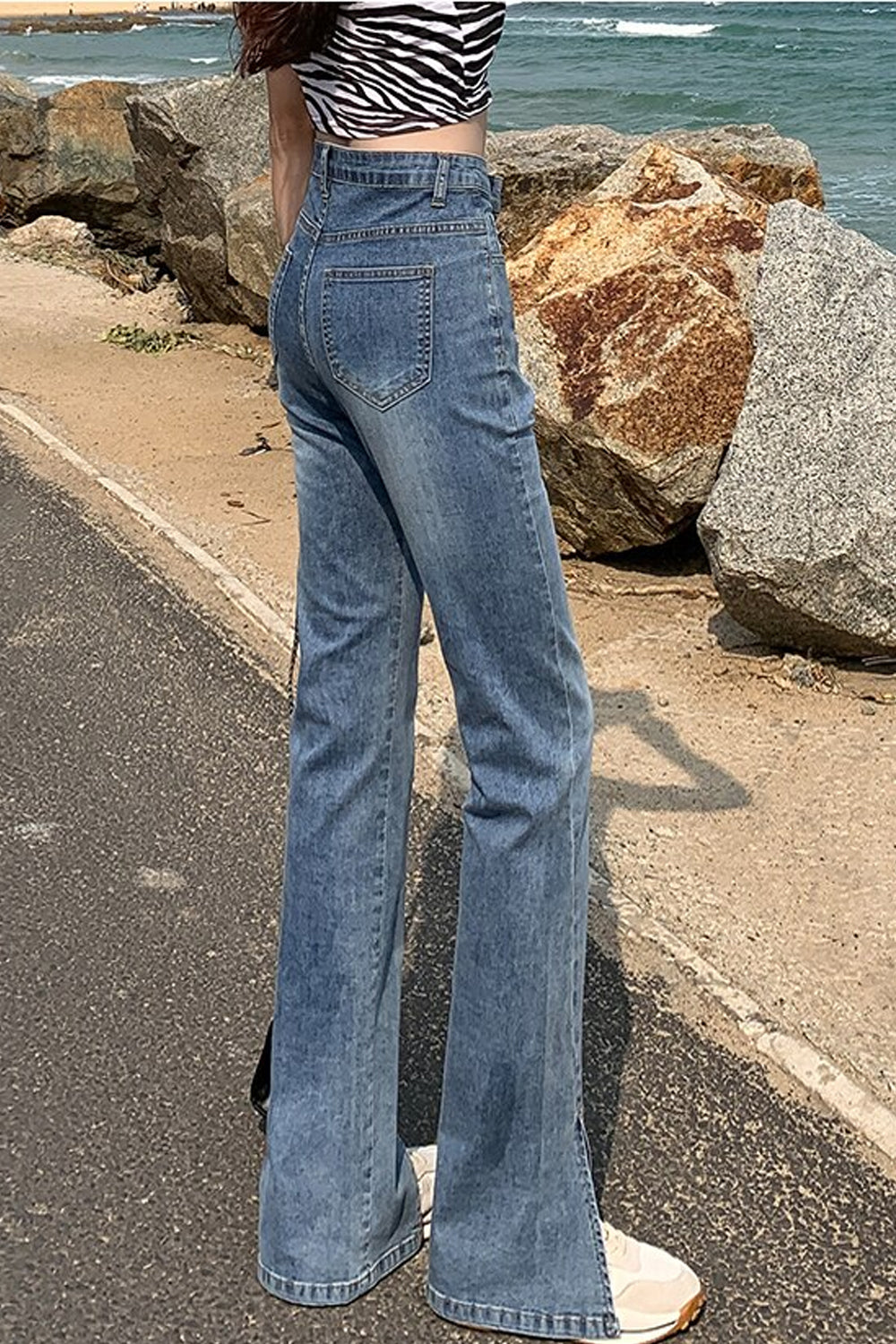 High Waist Split Cut Leg Flare Jeans