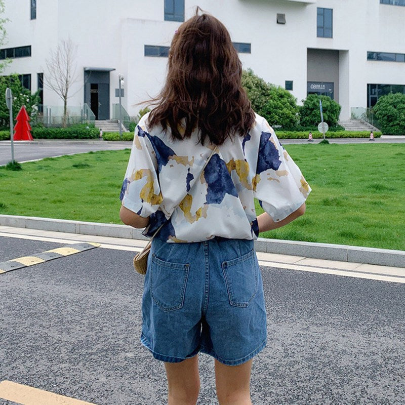 Art Paint Printed Short Sleeve Blouse Shirt