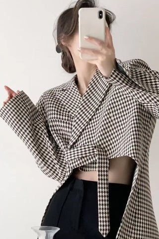 Long Sleeve Elegant Plaid Irregular Cropped Blazers
