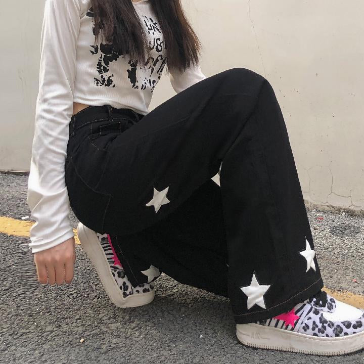 Retro Stars Pattern Black Jeans Pants