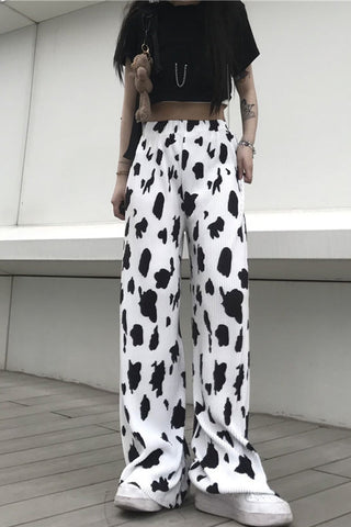 High Waist Milk Cow Pattern Long Pants