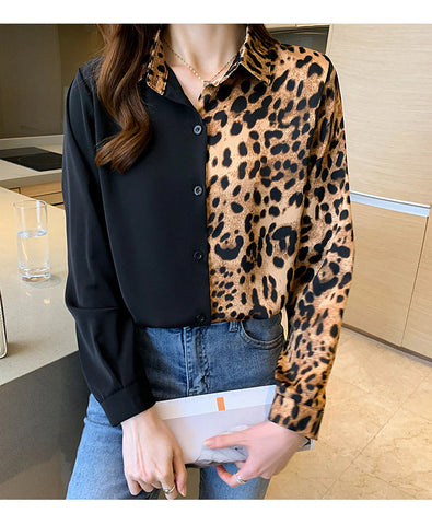 Half Leopard Pattern Elegant Blouse Shirt
