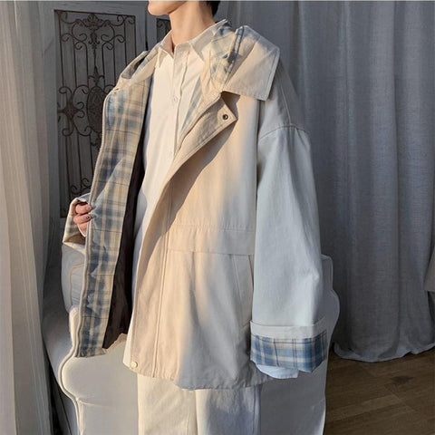 Loose Plaid Side Zipper Hooded Jacket