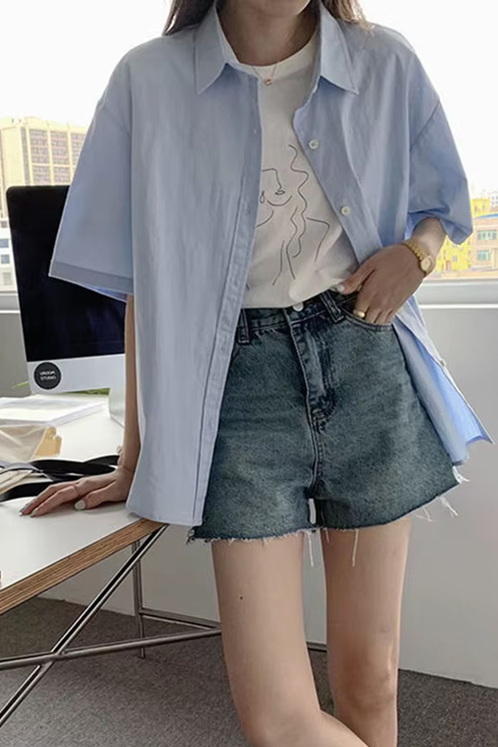 Short Sleeve Basic Button Blouse Shirts