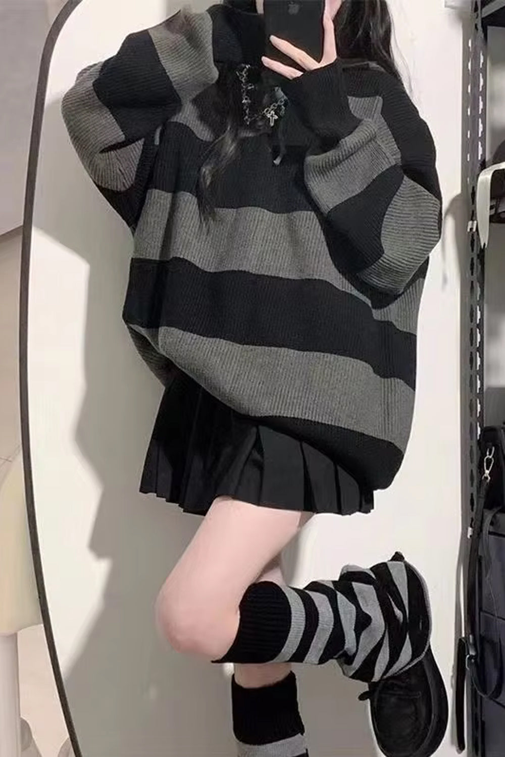 Loose Hooded Grey Striped Casual Sweater