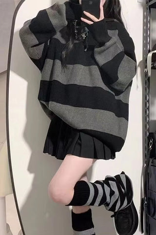 Loose Hooded Grey Striped Casual Sweater