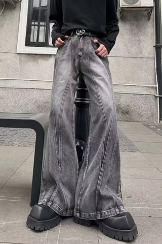 Retro Flare Style Washed Grey Jeans Pants