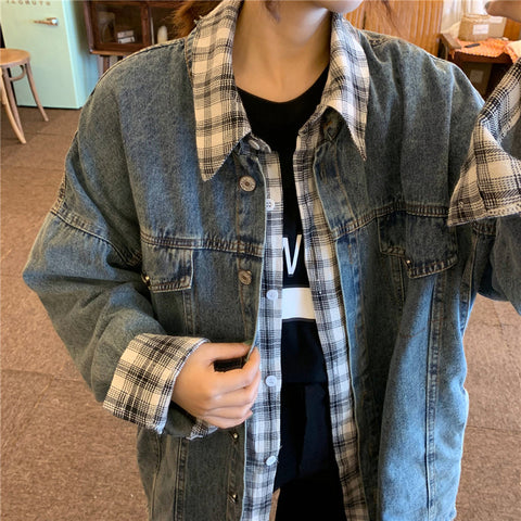 Plaid Spliced Loose Denim Jacket