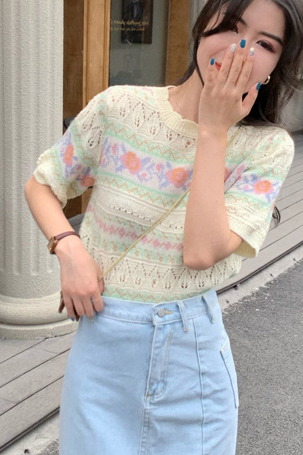 Short Sleeve Floral Pattern Knitted Shirt