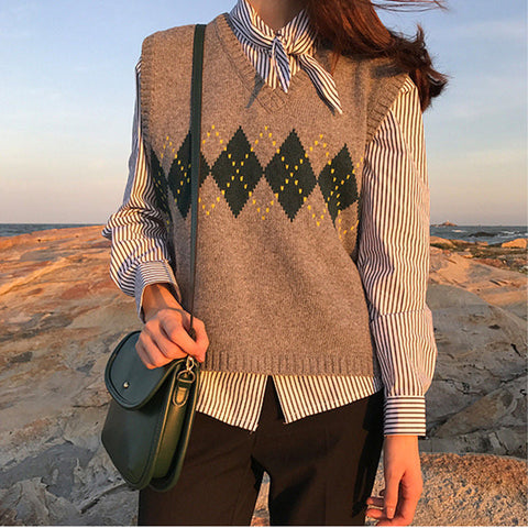 Vintage Geometrischer Argyle V-Ausschnitt Ärmelloser Strickwestenpullover