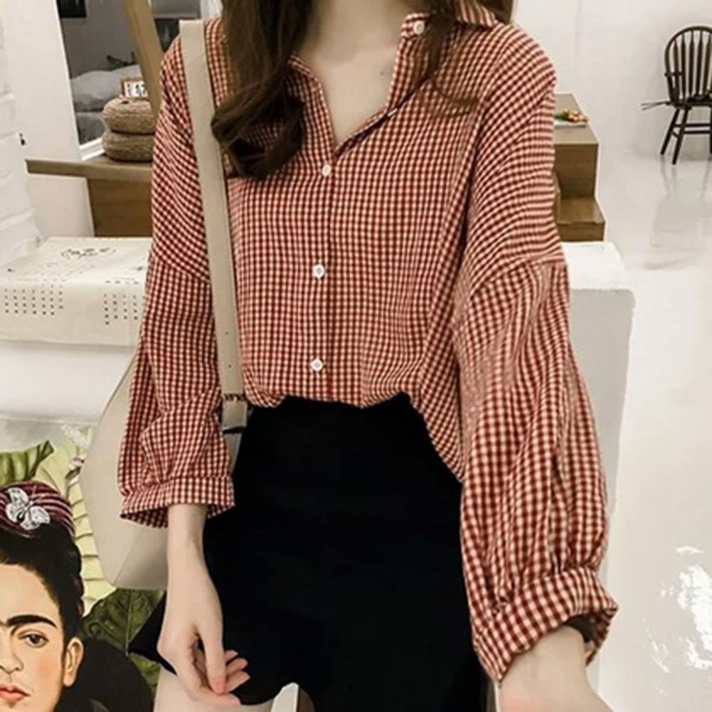 Long Sleeve Elegant Plaid Office Blouse Shirt