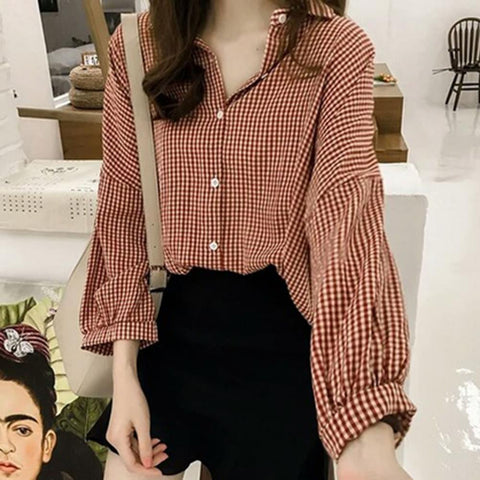 Long Sleeve Elegant Plaid Office Blouse Shirt