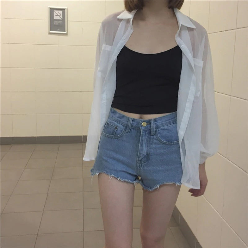 Camisa holgada de gasa blanca transparente con mangas murciélago 