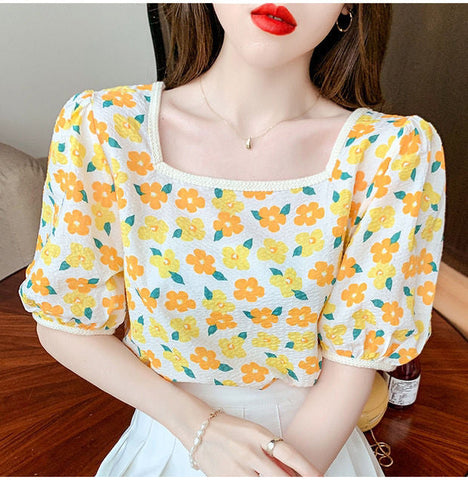 Puff Sleeve Daisy Floral Elegant Shirt