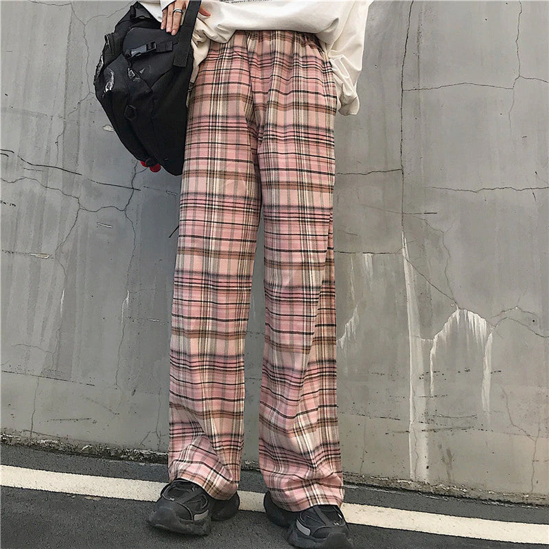 Pink Retro Plaid Hip Hop Loose Pants