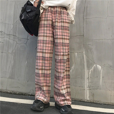 Pink Retro Plaid Hip Hop Loose Pants