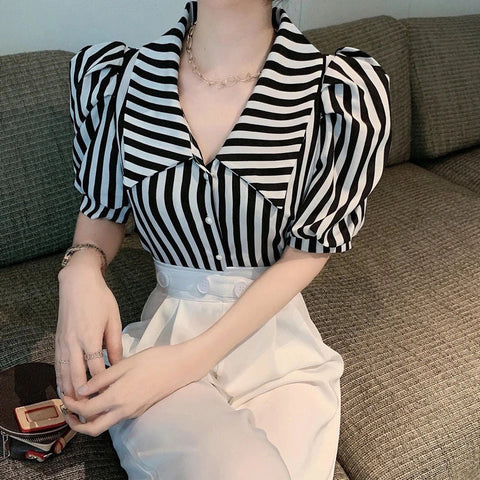 Rot gestreiftes Vintage-Bluse-Shirt mit Puffärmeln 