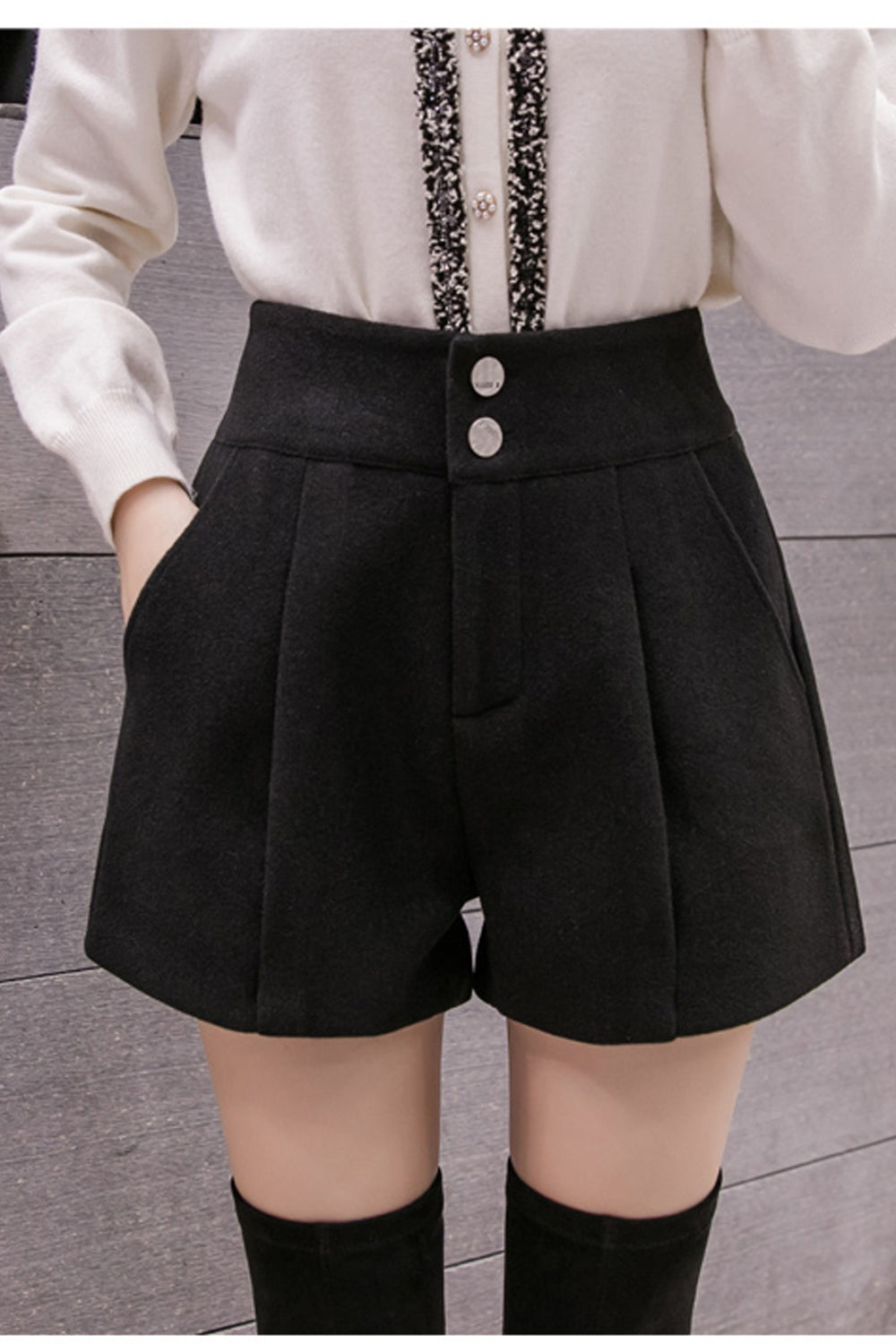 High Waist Wide Leg Woolen Office Shorts