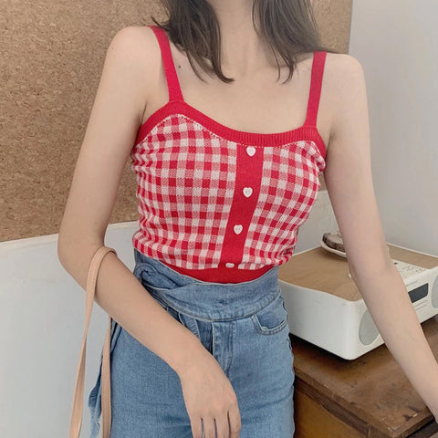 Heart Button With Plaid Sexy Knitted Crop Tops