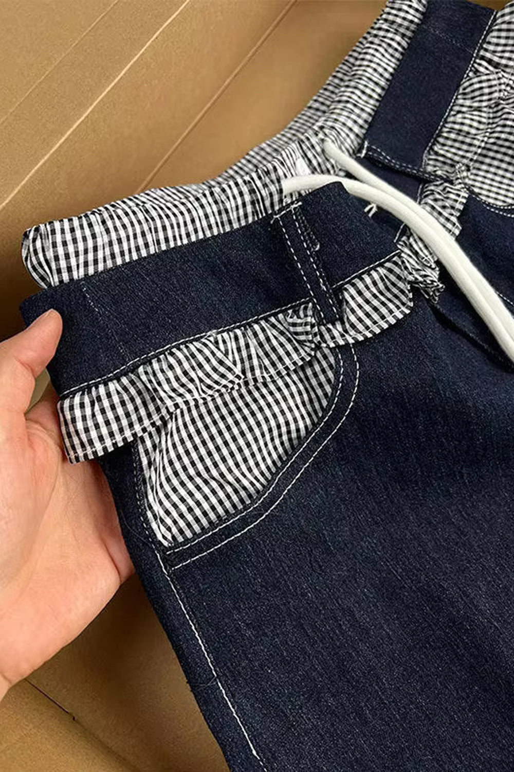 Vintage Ruffled Striped Waist Denim Long Pants