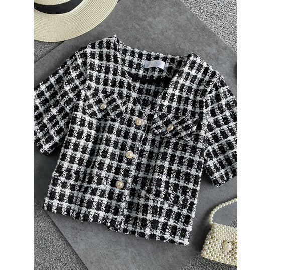 Kurzarm-Bluse im Retro-Karomuster 