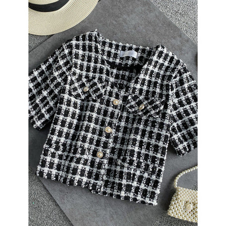Kurzarm-Bluse im Retro-Karomuster 