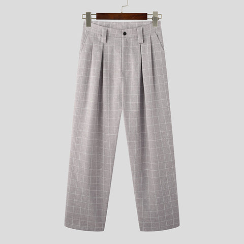 High Waist Casual Plaid Men Ankle Pants