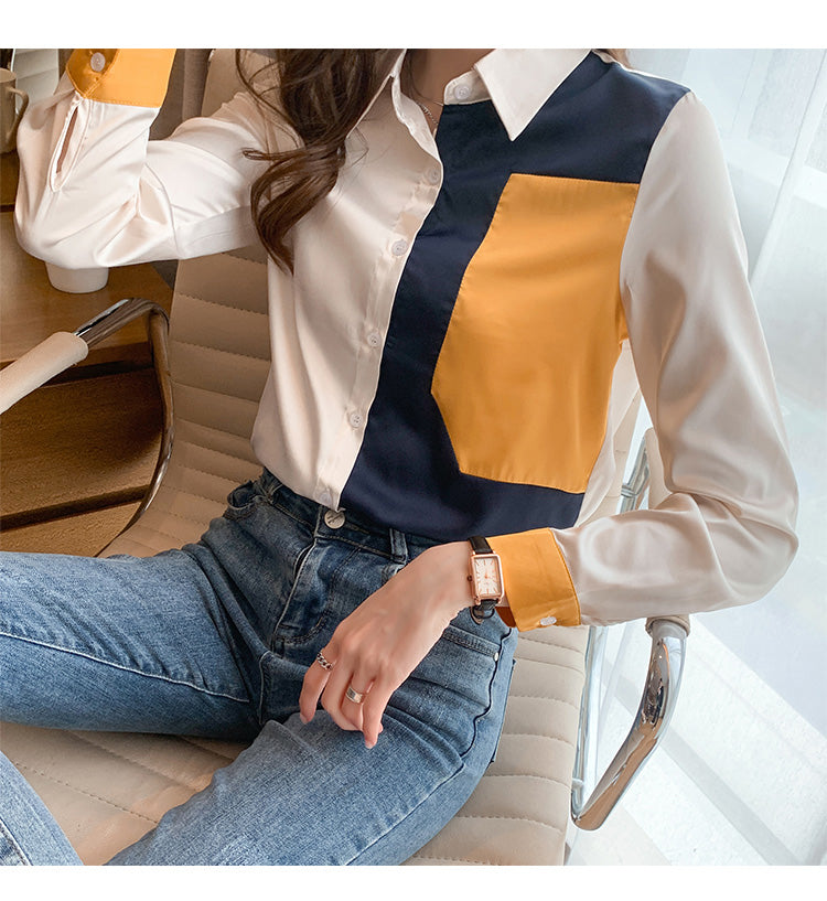 Half Color Block Satin Long Sleeve Blouse Shirt