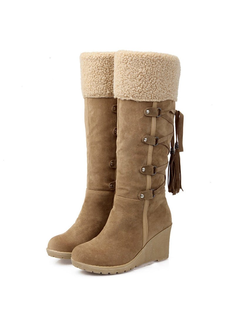 Botas de nieve de felpa Scrub para mujer, botas de cuña hasta la rodilla