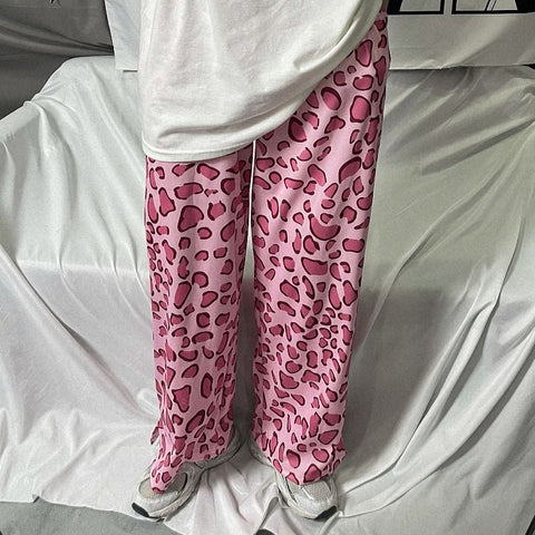 Pink Leopard Printed Wide Leg Loose Pants
