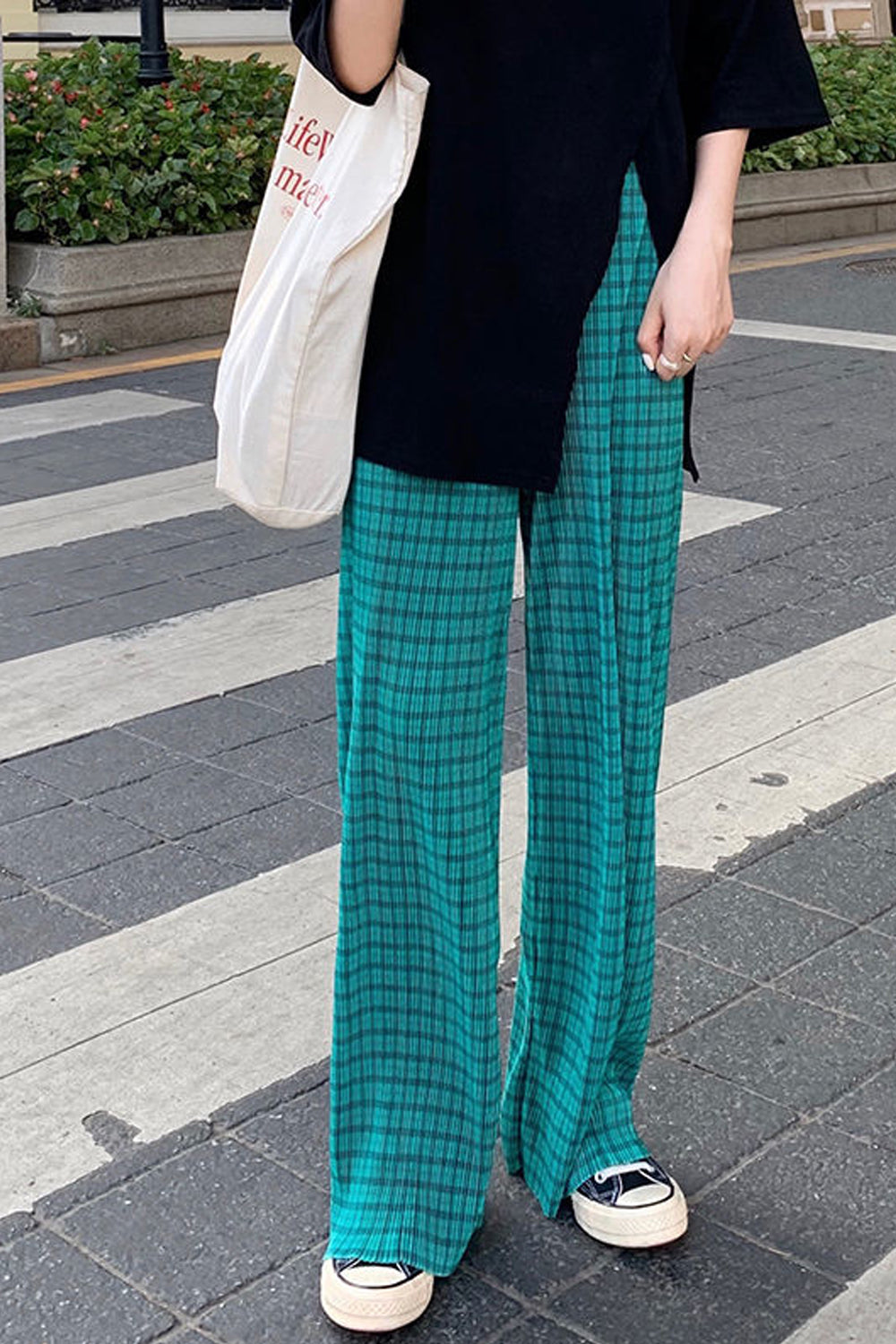 High Waist Green Hip Hop Plaid Pants