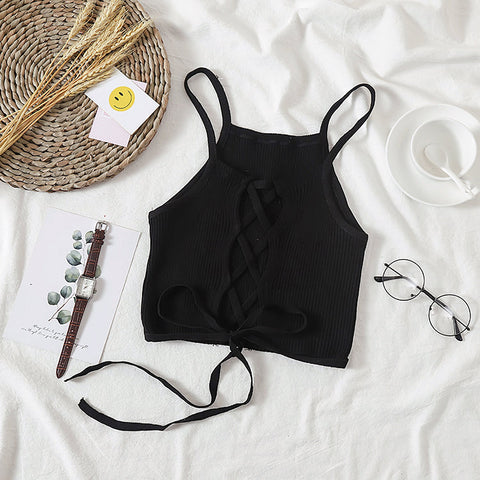 Solid Knitted Backless Tie Camis Crop Tops