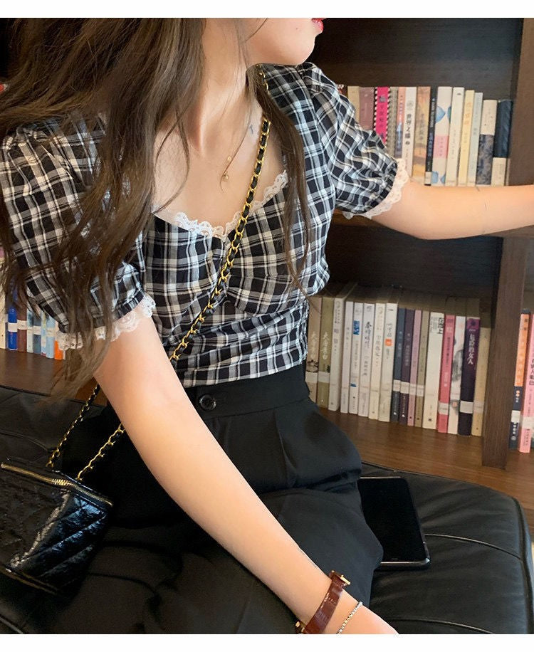 Square Collar Plaid Slim Shirt