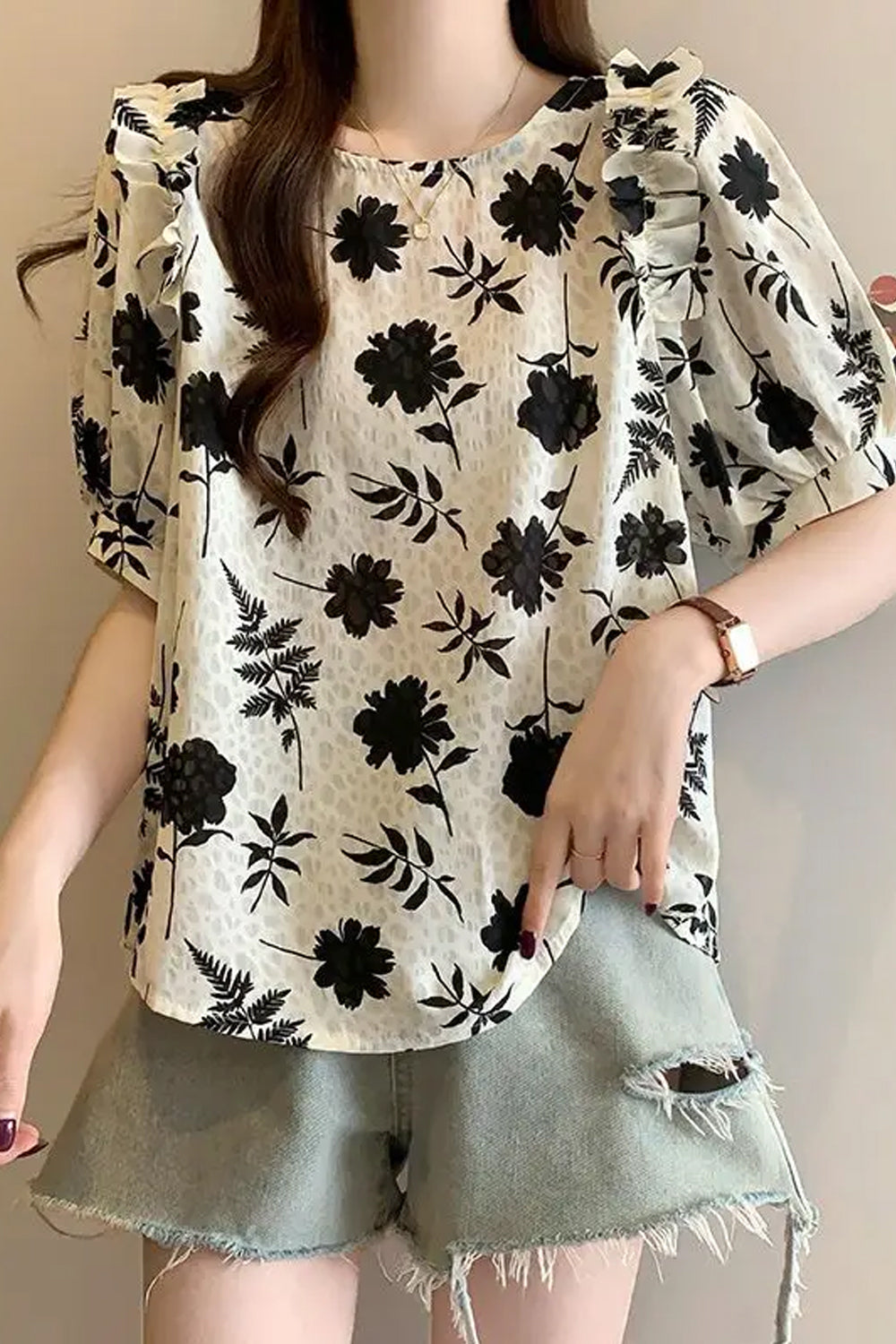 Vintage Floral Printed Backless Blouse Shirt
