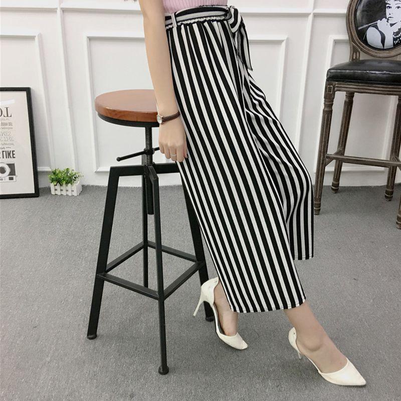 Loose Elegant Striped Elastic Waist Belted Pants