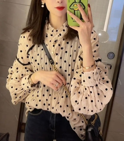 Langarmbluse im Retro-Polka-Dot-Stil 