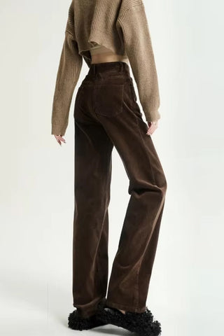 High Waist Retro Coffee Colors Corduroy Long Pants