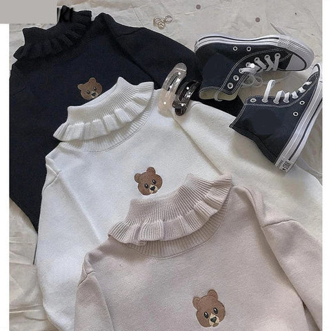 Cute Bear Embroidered Ruffled Turtleneck Sweater